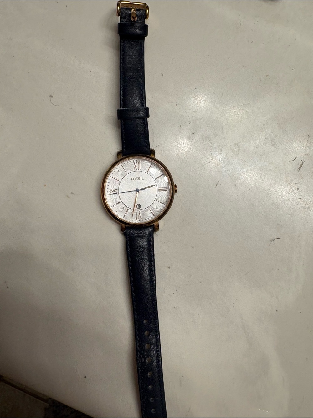 Fossil Women’s Navy Leather Strap Watch with Rose Gold Case